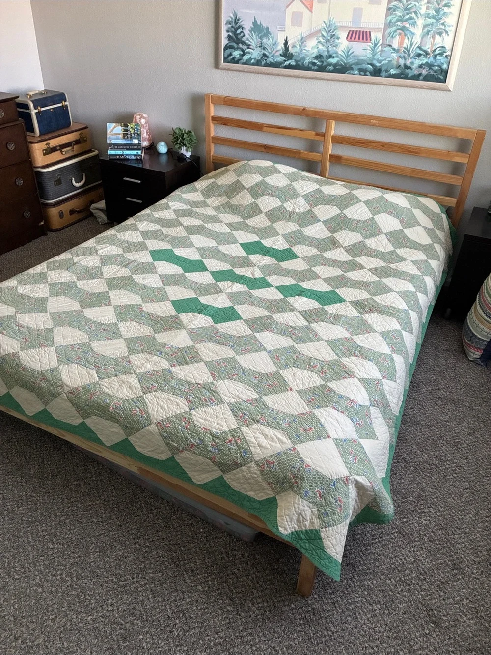 Antique Handmade Green Cream Bowtie Pattern Full Queen Quilt Blanket Bedroom